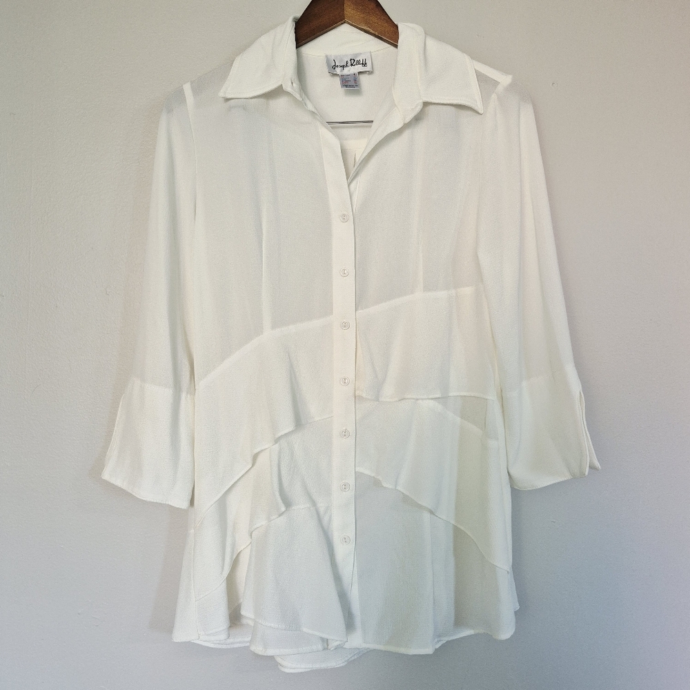 Joseph Ribkoff Gauzey Asymmetrical Textured Off White Ruffle Tunic Blouse Size 6